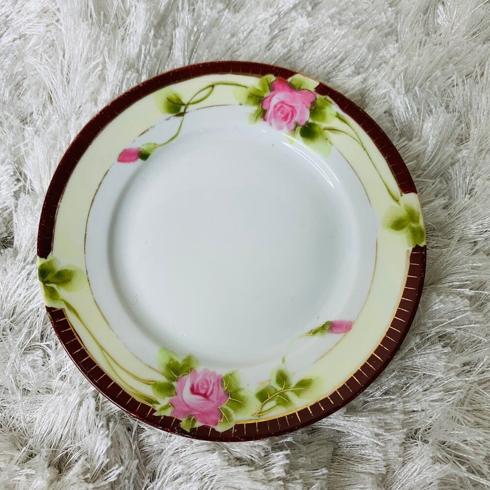 Nippon Hand Painted Rose Plate Pink Roses Green Leaves 5 3/8" diameter